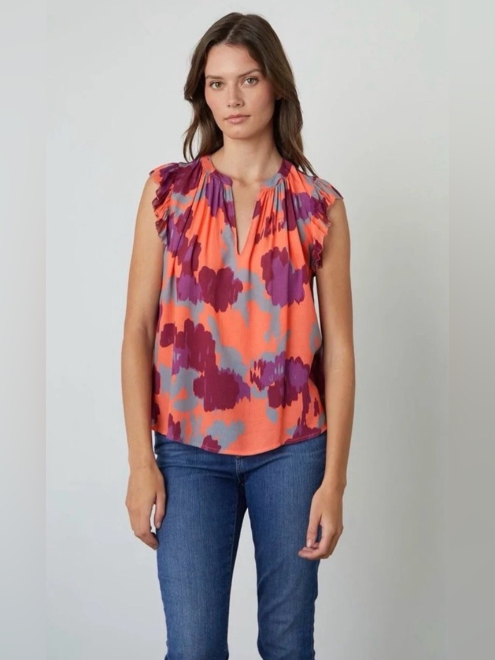 Velvet by Graham & Spencer Alva Coral Floral Flutter Sleeve Top, size S